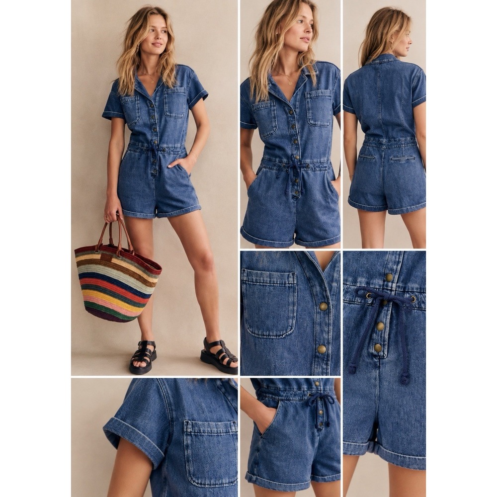 Sezane Kaou Blue Jumpsuit Button Womens 38 Chore Barn Utility Workwear